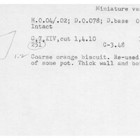 Index card with typed and handwritten information, sometimes including a sketch, of pottery from an excavation.