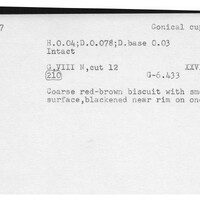 Index card with typed and handwritten information, sometimes including a sketch, of pottery from an excavation.