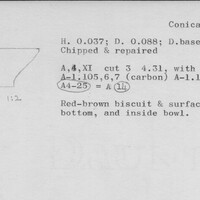Index card with typed and handwritten information, sometimes including a sketch, of pottery from an excavation.