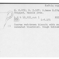 Index card with typed and handwritten information, sometimes including a sketch, of pottery from an excavation.