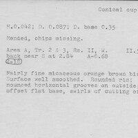 Index card with typed and handwritten information, sometimes including a sketch, of pottery from an excavation.