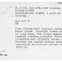 Index card with typed and handwritten information, sometimes including a sketch, of pottery from an excavation.