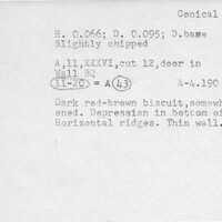 Index card with typed and handwritten information, sometimes including a sketch, of pottery from an excavation.