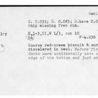 Index card with typed and handwritten information, sometimes including a sketch, of pottery from an excavation.