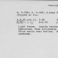 Index card with typed and handwritten information, sometimes including a sketch, of pottery from an excavation.
