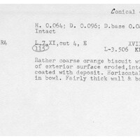 Index card with typed and handwritten information, sometimes including a sketch, of pottery from an excavation.
