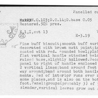 Index card with typed and handwritten information, sometimes including a sketch, of pottery from an excavation.