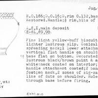 Index card with typed and handwritten information, sometimes including a sketch, of pottery from an excavation.