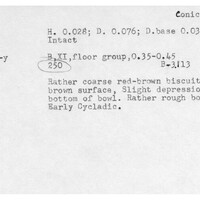 Index card with typed and handwritten information, sometimes including a sketch, of pottery from an excavation.