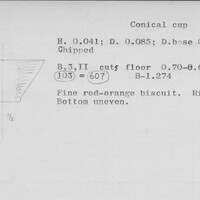 Index card with typed and handwritten information, sometimes including a sketch, of pottery from an excavation.