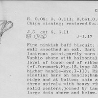 Index card with typed and handwritten information, sometimes including a sketch, of pottery from an excavation.
