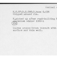 Index card with typed and handwritten information, sometimes including a sketch, of pottery from an excavation.