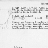 Index card with typed and handwritten information, sometimes including a sketch, of pottery from an excavation.