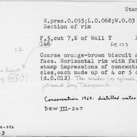 Index card with typed and handwritten information, sometimes including a sketch, of pottery from an excavation.