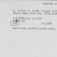 Index card with typed and handwritten information, sometimes including a sketch, of pottery from an excavation.