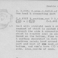 Index card with typed and handwritten information, sometimes including a sketch, of pottery from an excavation.
