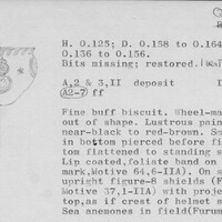 Index card with typed and handwritten information, sometimes including a sketch, of pottery from an excavation.