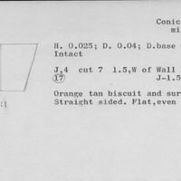 Index card with typed and handwritten information, sometimes including a sketch, of pottery from an excavation.
