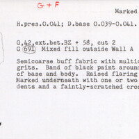 Index card with typed and handwritten information, sometimes including a sketch, of pottery from an excavation.