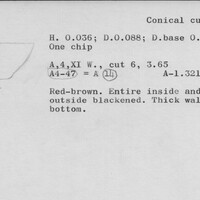 Index card with typed and handwritten information, sometimes including a sketch, of pottery from an excavation.