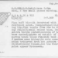 Index card with typed and handwritten information, sometimes including a sketch, of pottery from an excavation.