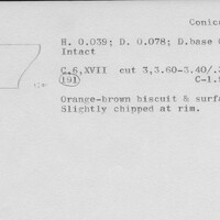 Index card with typed and handwritten information, sometimes including a sketch, of pottery from an excavation.