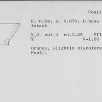 Index card with typed and handwritten information, sometimes including a sketch, of pottery from an excavation.