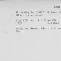 Index card with typed and handwritten information, sometimes including a sketch, of pottery from an excavation.