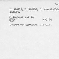 Index card with typed and handwritten information, sometimes including a sketch, of pottery from an excavation.
