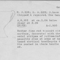 Index card with typed and handwritten information, sometimes including a sketch, of pottery from an excavation.