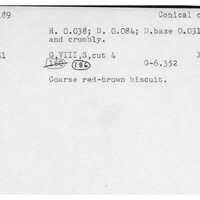 Index card with typed and handwritten information, sometimes including a sketch, of pottery from an excavation.