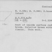 Index card with typed and handwritten information, sometimes including a sketch, of pottery from an excavation.