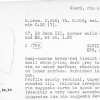 Index card with typed and handwritten information, sometimes including a sketch, of pottery from an excavation.