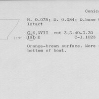 Index card with typed and handwritten information, sometimes including a sketch, of pottery from an excavation.