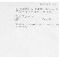 Index card with typed and handwritten information, sometimes including a sketch, of pottery from an excavation.