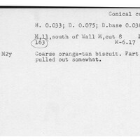 Index card with typed and handwritten information, sometimes including a sketch, of pottery from an excavation.