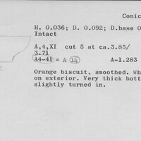 Index card with typed and handwritten information, sometimes including a sketch, of pottery from an excavation.