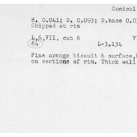 Index card with typed and handwritten information, sometimes including a sketch, of pottery from an excavation.