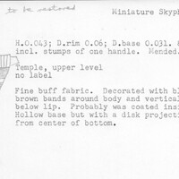 Index card with typed and handwritten information, sometimes including a sketch, of pottery from an excavation.