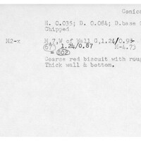 Index card with typed and handwritten information, sometimes including a sketch, of pottery from an excavation.