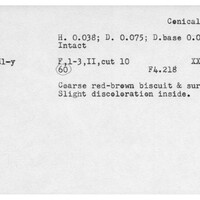 Index card with typed and handwritten information, sometimes including a sketch, of pottery from an excavation.