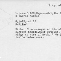 Index card with typed and handwritten information, sometimes including a sketch, of pottery from an excavation.