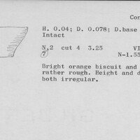 Index card with typed and handwritten information, sometimes including a sketch, of pottery from an excavation.