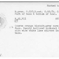 Index card with typed and handwritten information, sometimes including a sketch, of pottery from an excavation.