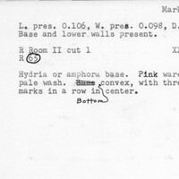Index card with typed and handwritten information, sometimes including a sketch, of pottery from an excavation.