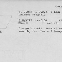 Index card with typed and handwritten information, sometimes including a sketch, of pottery from an excavation.