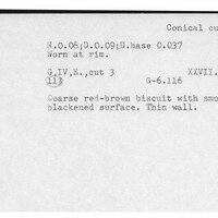 Index card with typed and handwritten information, sometimes including a sketch, of pottery from an excavation.