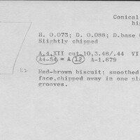 Index card with typed and handwritten information, sometimes including a sketch, of pottery from an excavation.