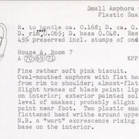 Index card with typed and handwritten information, sometimes including a sketch, of pottery from an excavation.