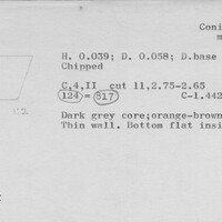 Index card with typed and handwritten information, sometimes including a sketch, of pottery from an excavation.